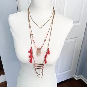 Layered coral and gold tone boho fringe funky long adjustable necklace
